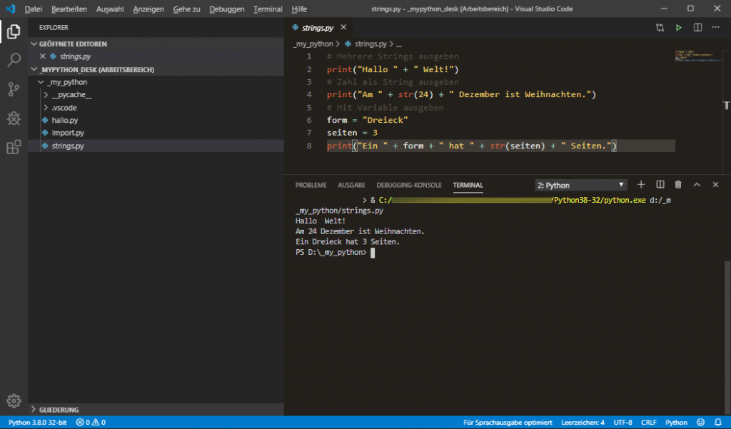 Python-Befehle werden im Visual Studio Code Terminal ausgeben.