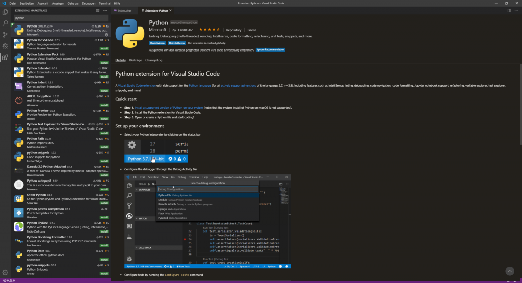 Python-Erweiterung für Visual Studio Code