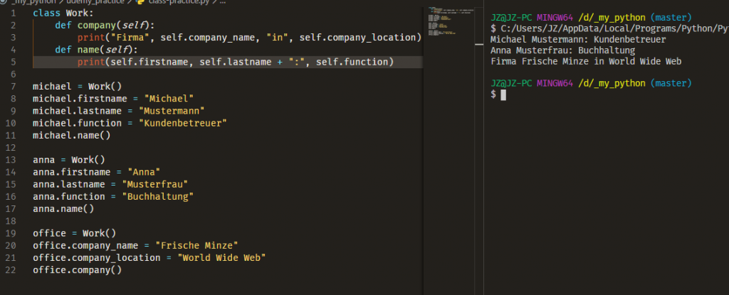 Zwei Funktionen in einer Python-Klasse - Code und Ausgabe