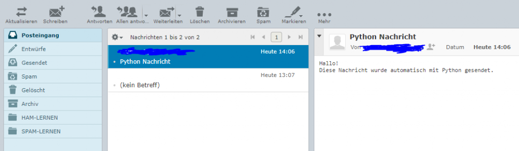 Email mit Absender, und Betreff. Ansicht als Empfänger