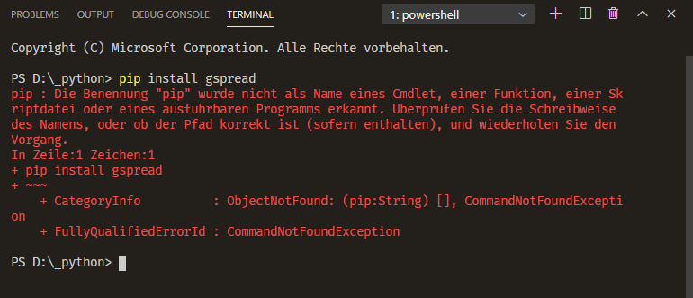 pip wurde nicht als Names eines Cmdlet... erkannt.